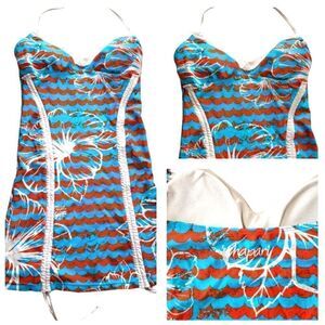 Hapari Blue Red Wave Tie Neck Drawstrings Swim Top Sz S